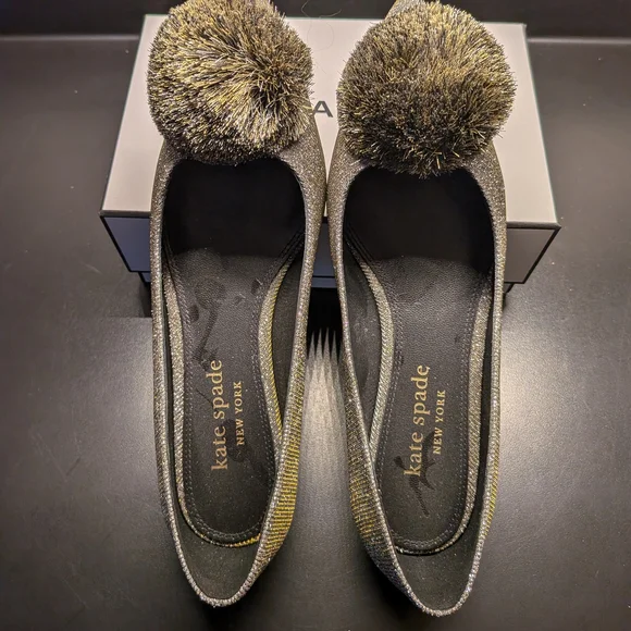 kate spade Women's Gold Flats with Pom Pom | US 6 - Picture 2 of 6